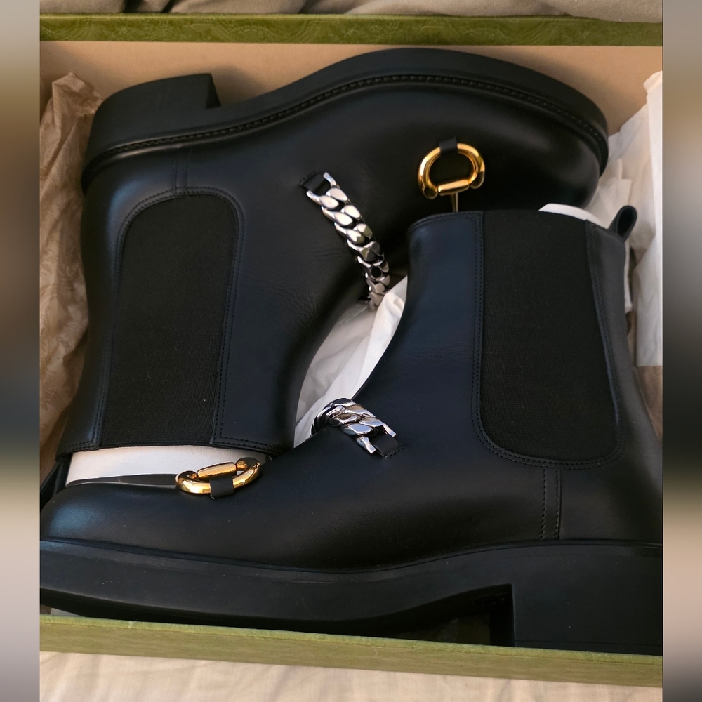 Gucci Black Leather Boots with Gold Chain Detail